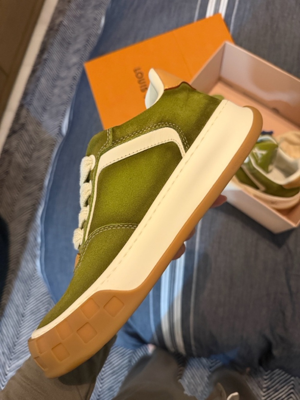 Louis Vuitton Olive Green and Cream Low-Top Sneakers - Picture 3 of 6